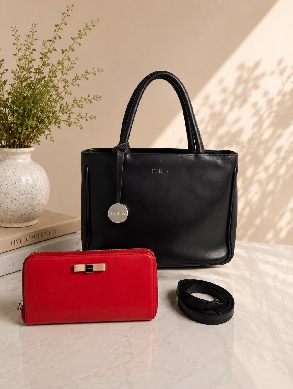 Furla Black Leather Mini Tote Crossbody Bag & Red Wallet Set